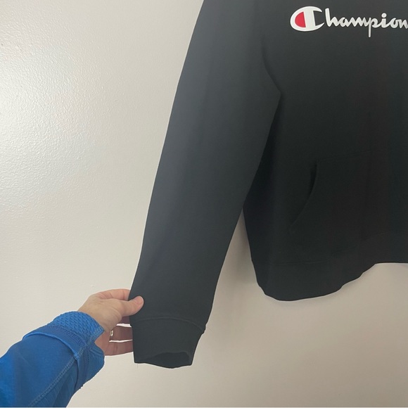 Champion Sweatshirt Hooded Front Pocket Long Sleeves Black Large - Picture 3 of 11